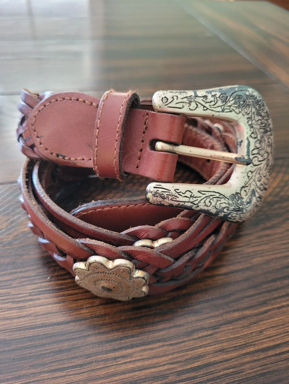 Fossil Conch Braided  Leather Belt Size L Silver Tone Cowgirl Boho Rodeo